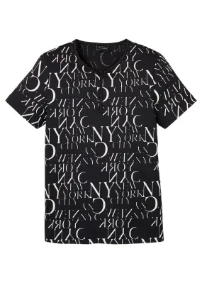 Camiseta con cuello henley, corte ajustado y manga corta Negro estampado